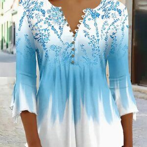 Denater Floral Print Blouse Relaxed Fit Flared Sleeves, Button Front NWOT